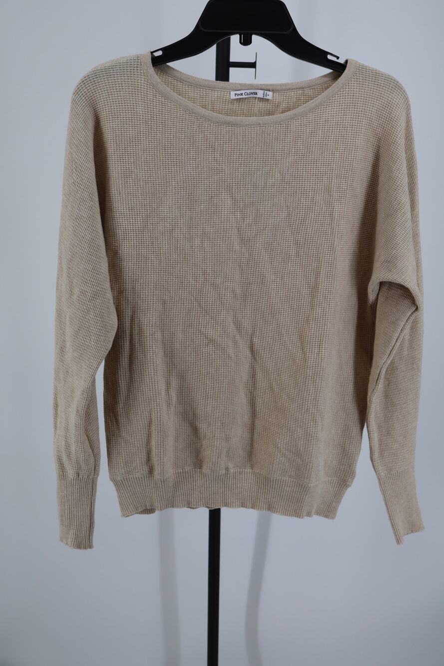 NEW Pink Clover Thermal Top Women's Beige Long Sleeve Waffle Knit Sweater Size S